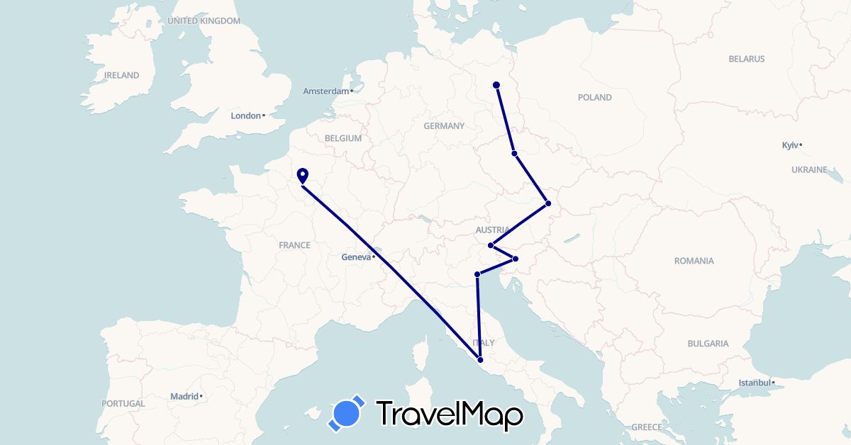 TravelMap itinerary: driving in Austria, Czech Republic, Germany, France, Italy, Slovenia (Europe)